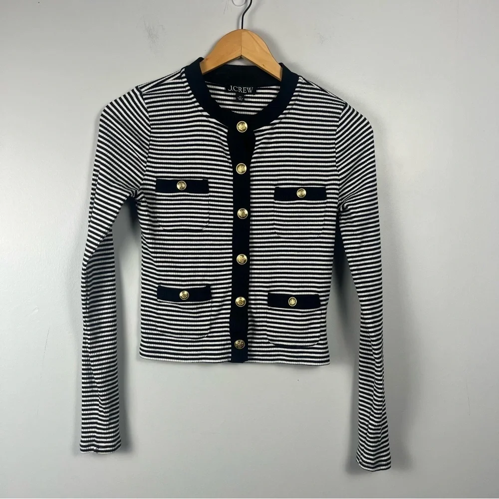 J. Crew Vintage rib lady jacket in stripe black white gold buttons size XS